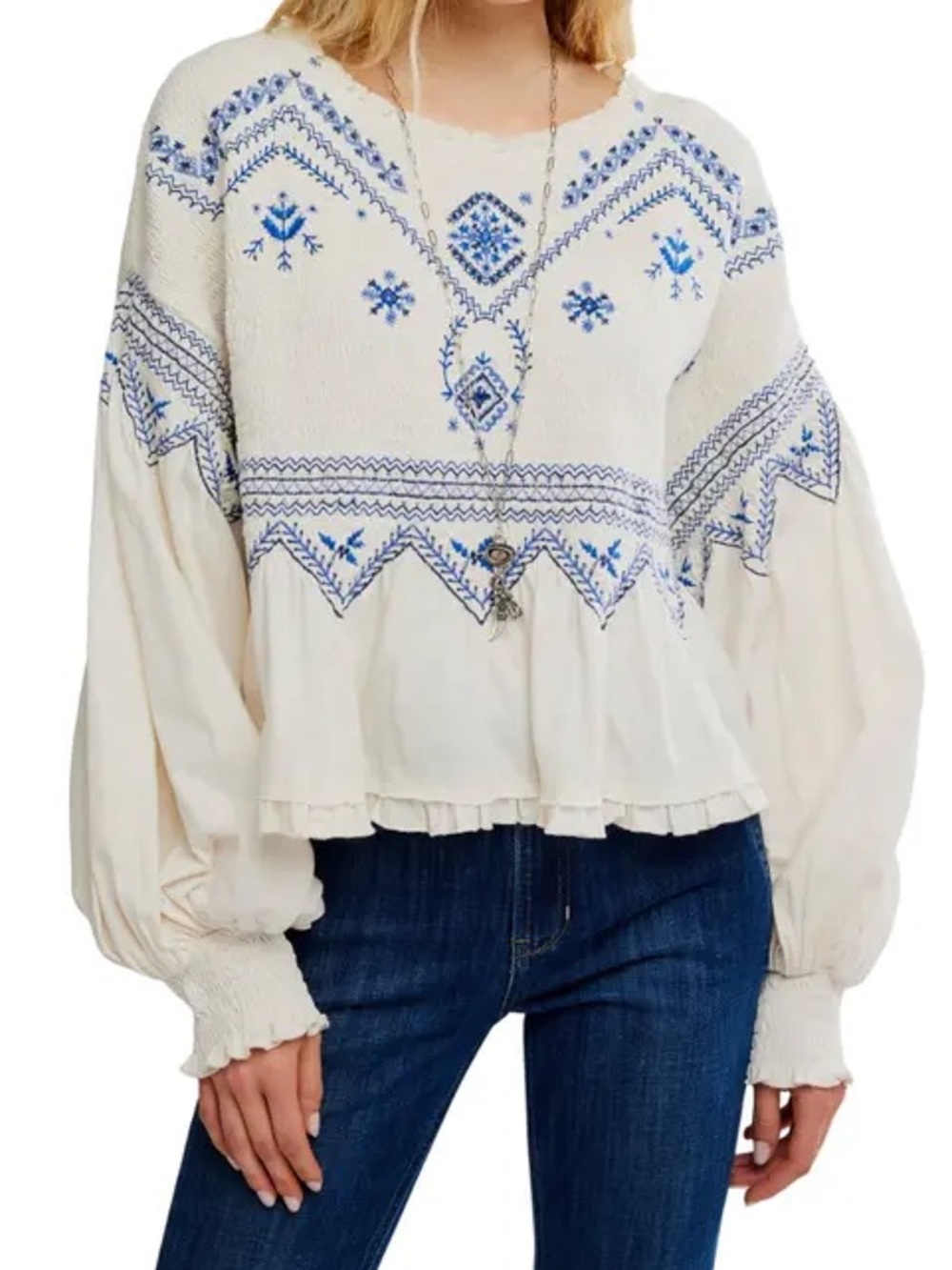 Free People - Holly Smocked Embroidered Top MSRP$128 NWT